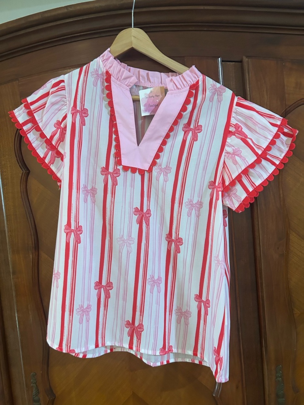 Unbranded Pink & Red Bow Stripe Ruffle Sleeve Blouse size small #1067